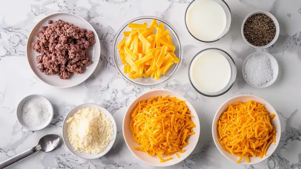 Cheesy Hash Brown and Hamburger Casserole: Easy Comfort Food 3 Ingredients for cheesy hash brown and hamburger casserole on marble surface