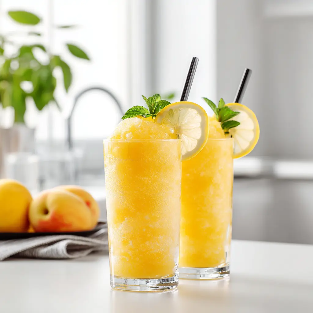 Frozen peach lemonade slush in modern glassware