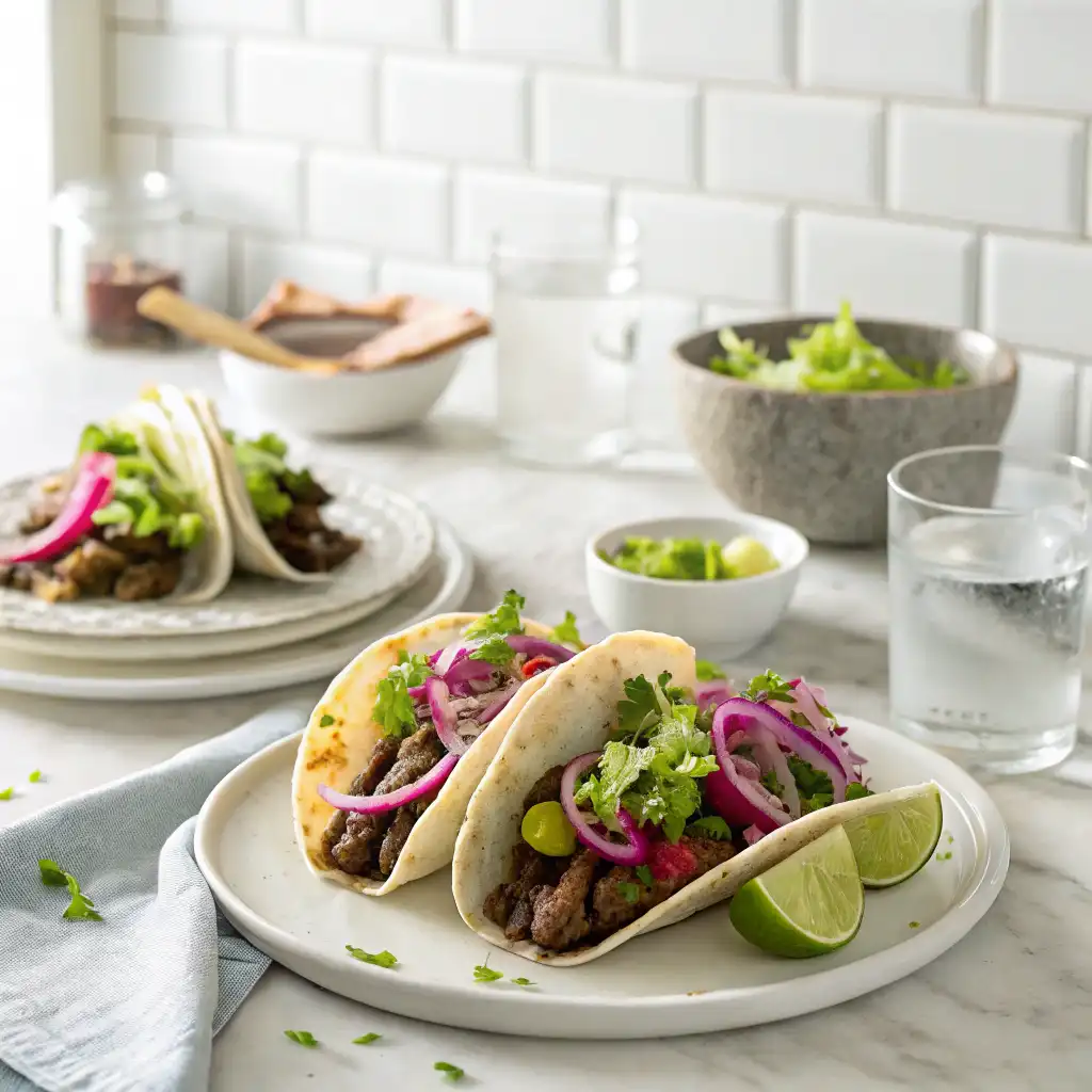 Garlic Butter Honey BBQ Beef Tacos served family-style