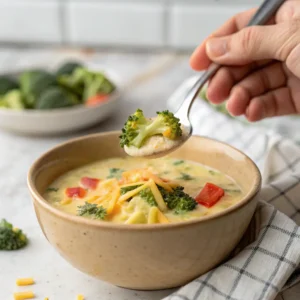 Broccoli Cheddar Potato Soup for Two – Easy, Creamy & Comforting Recipe 3 A hand holding a spoonful of spicy broccoli cheddar potato soup above a ceramic bowl.