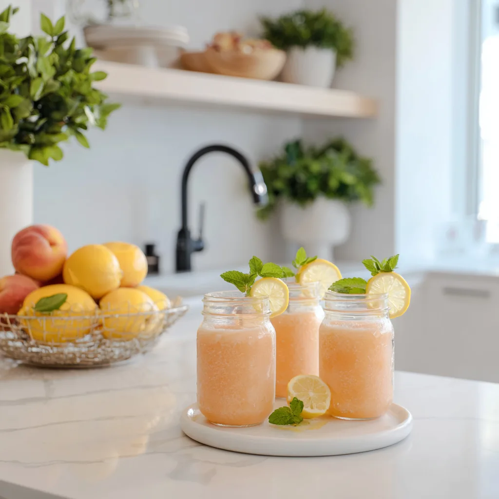 Frozen Peach Lemonade Slush – Easy, Refreshing Summer Treat 6 Mason jar peach lemonade slush on a bright table