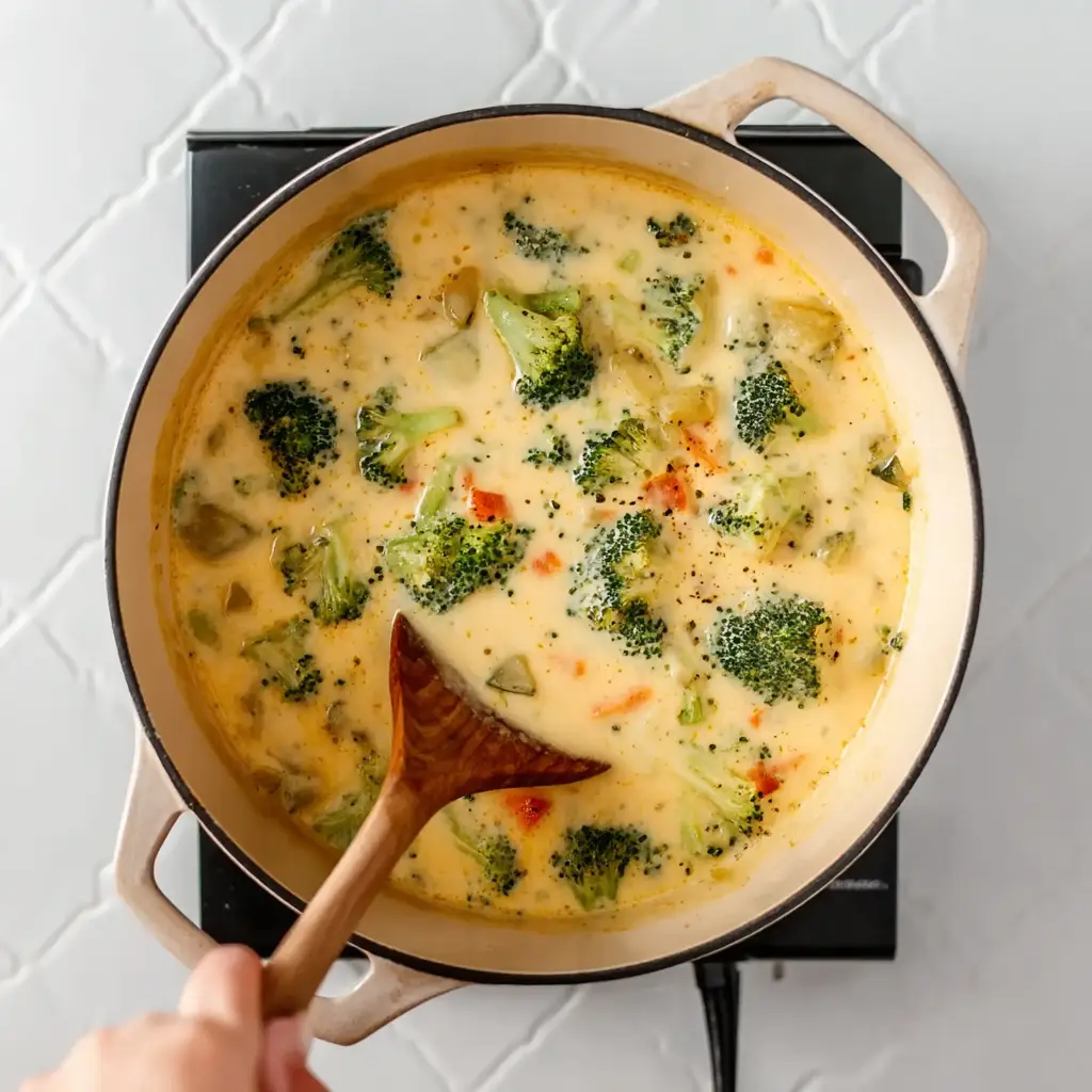 A hand using a wooden spoon to stir a pot of spicy broccoli cheddar potato soup.