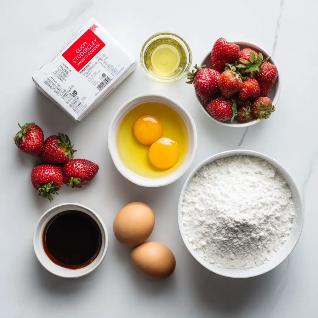 Strawberry Crinkle Cookies: Soft, Sweet & Fun to Bake 4 Strawberry crinkle cookie ingredients layout