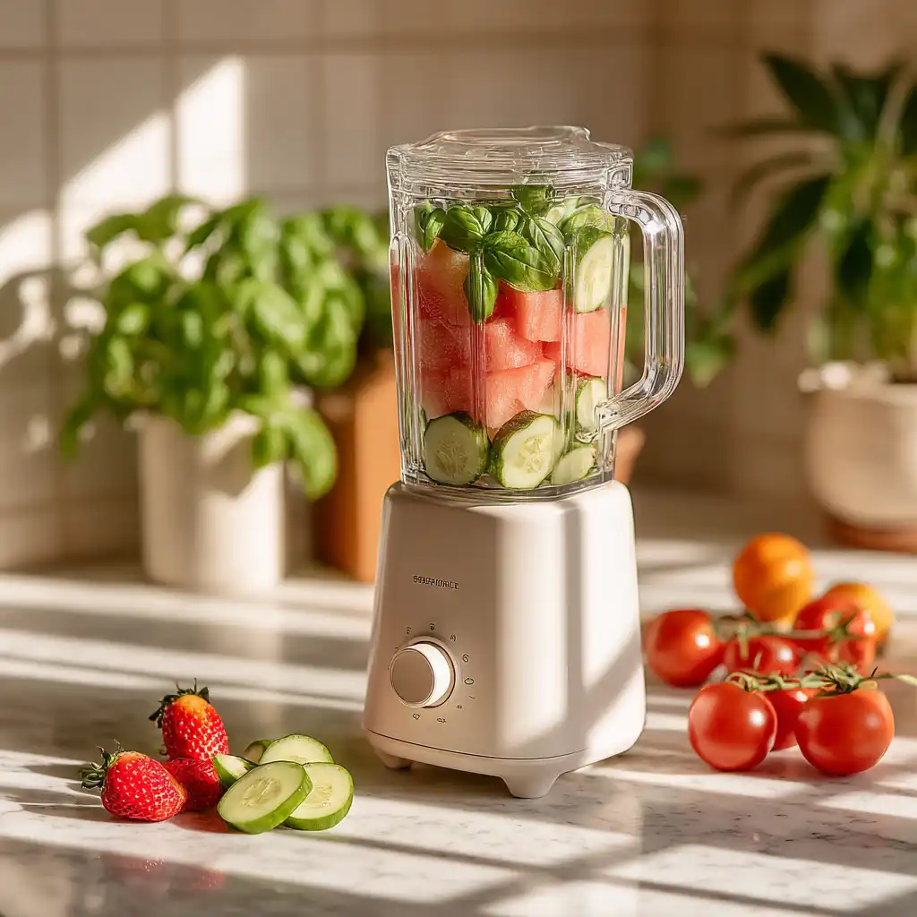 Why This Watermelon Gazpacho Recipe is Perfect 2 Blender filled with watermelon gazpacho ingredients on white marble countertop