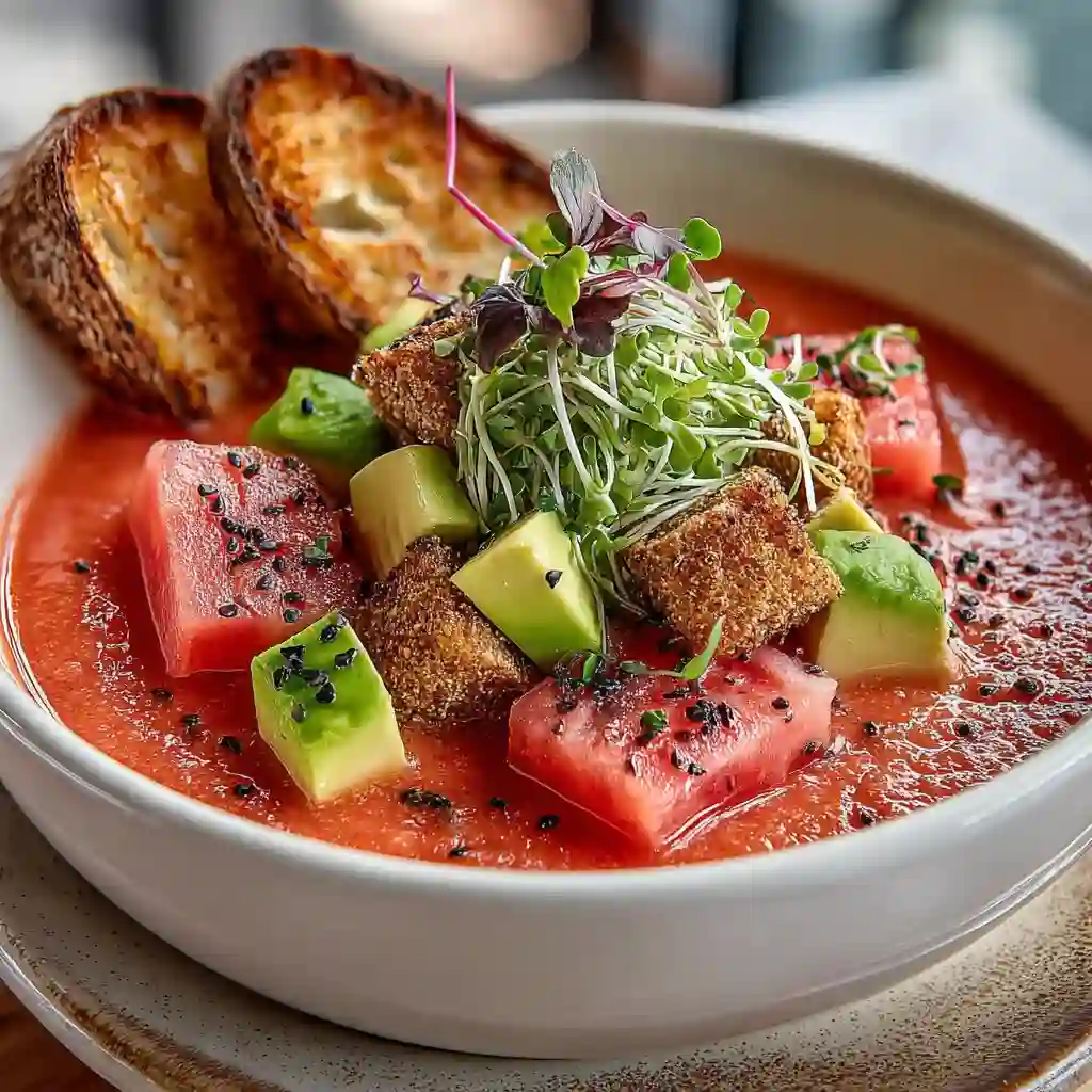 Why This Watermelon Gazpacho Recipe is Perfect 3 Chilled watermelon gazpacho served with avocado and microgreens