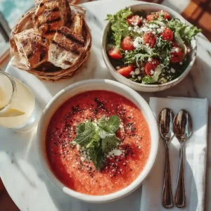 Why This Watermelon Gazpacho Recipe is Perfect 4 Summer lunch table with watermelon gazpacho and crusty bread