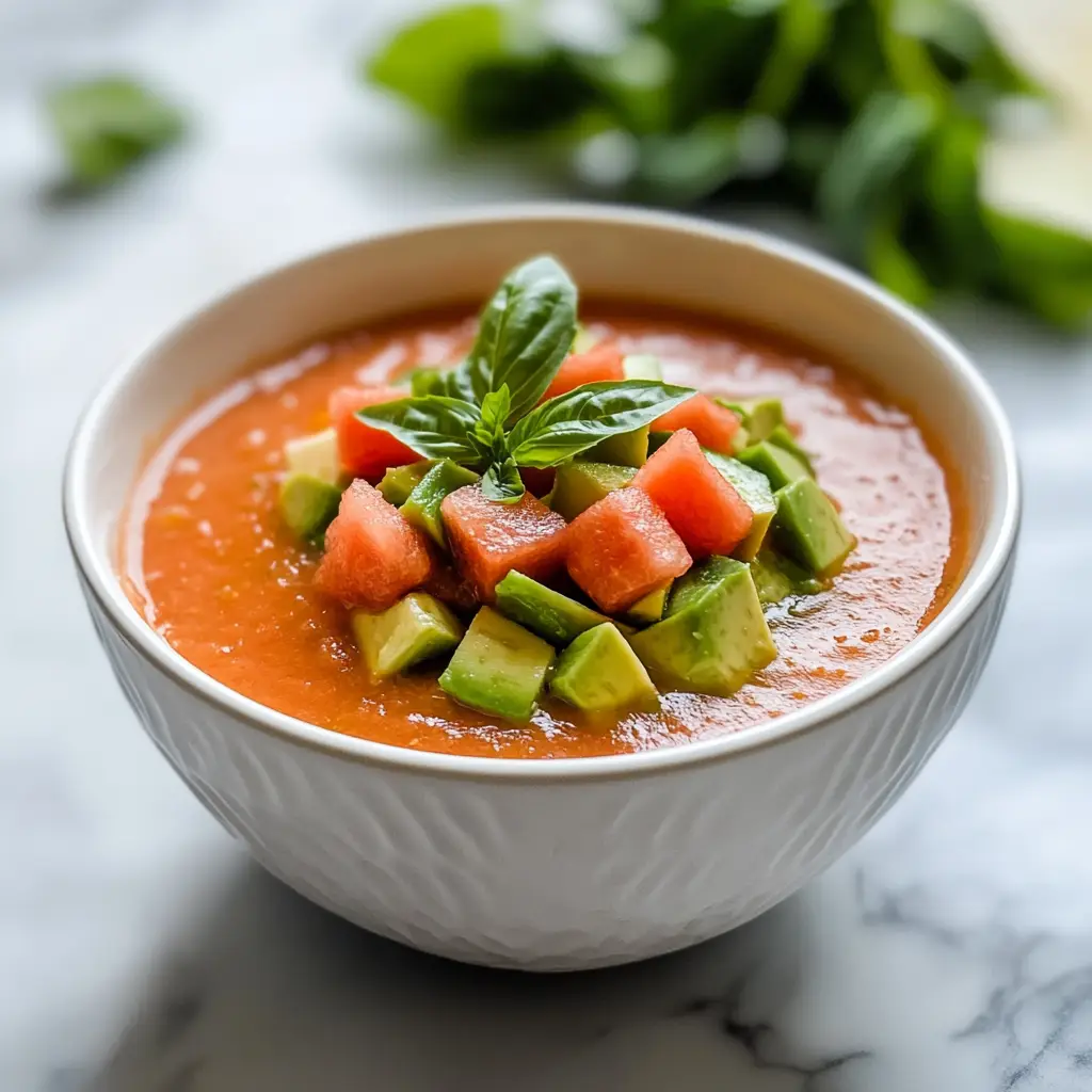 Watermelon gazpacho served in a white bowl on marble countertop with avocado and basil garnish