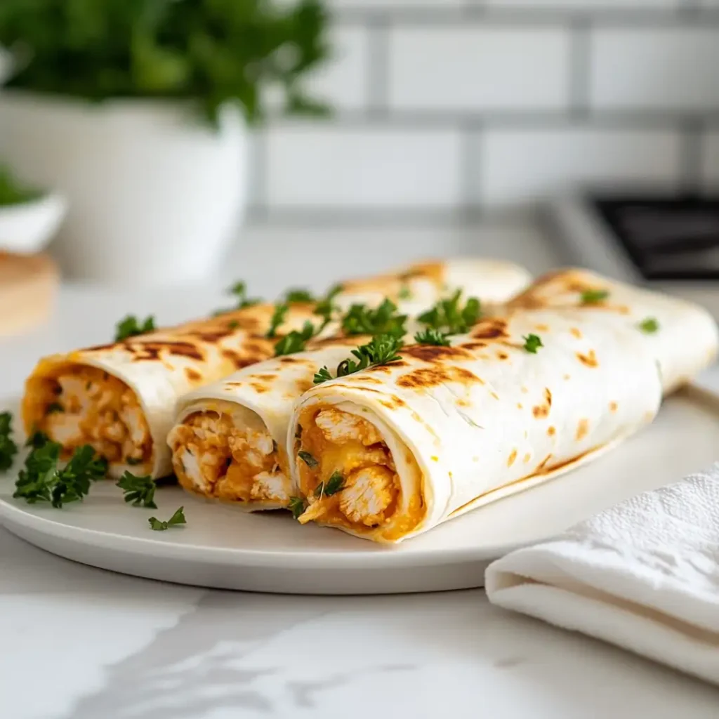 Cheesy Garlic Chicken Wraps on white marble countertop