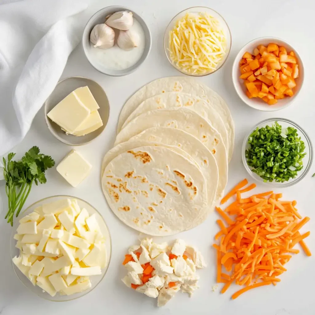 Cheesy Garlic Chicken Wraps 4 Ingredients for Cheesy Garlic Chicken Wraps on white marble