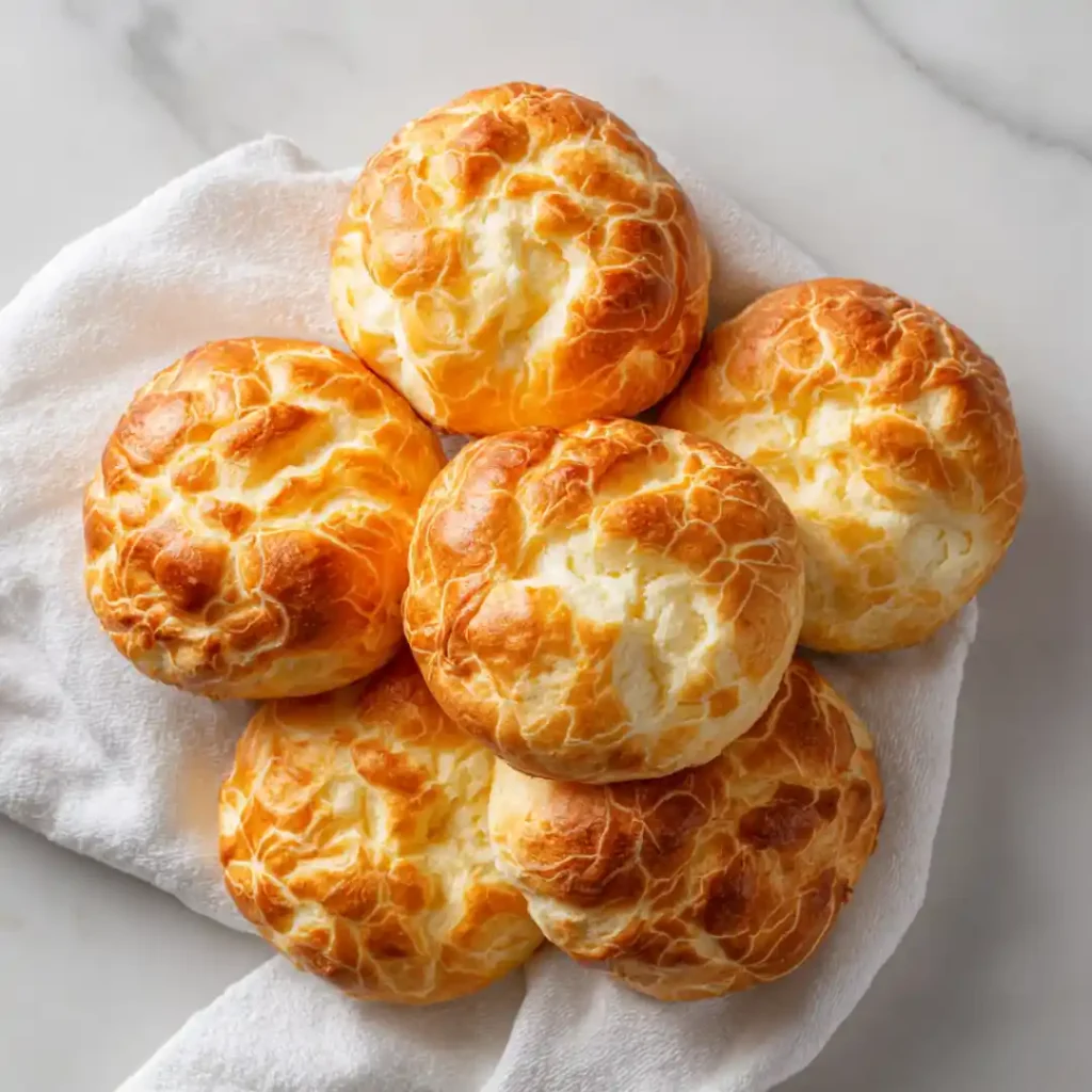 Fluffy cottage cheese cloud bread on marble countertop